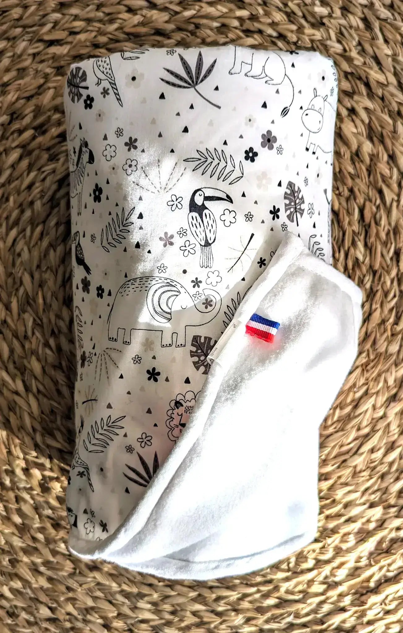Couverture en coton, doublée polaire, babydétente, fabriquée en France, couleur blanche, motif Animaux