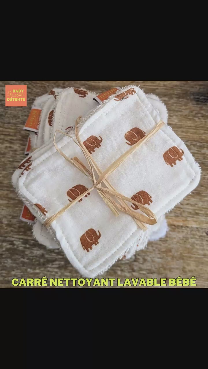 Carré Nettoyant lavable pour bébé en coton - lot de 3 -couleur blanc - motifs éléphants marrons